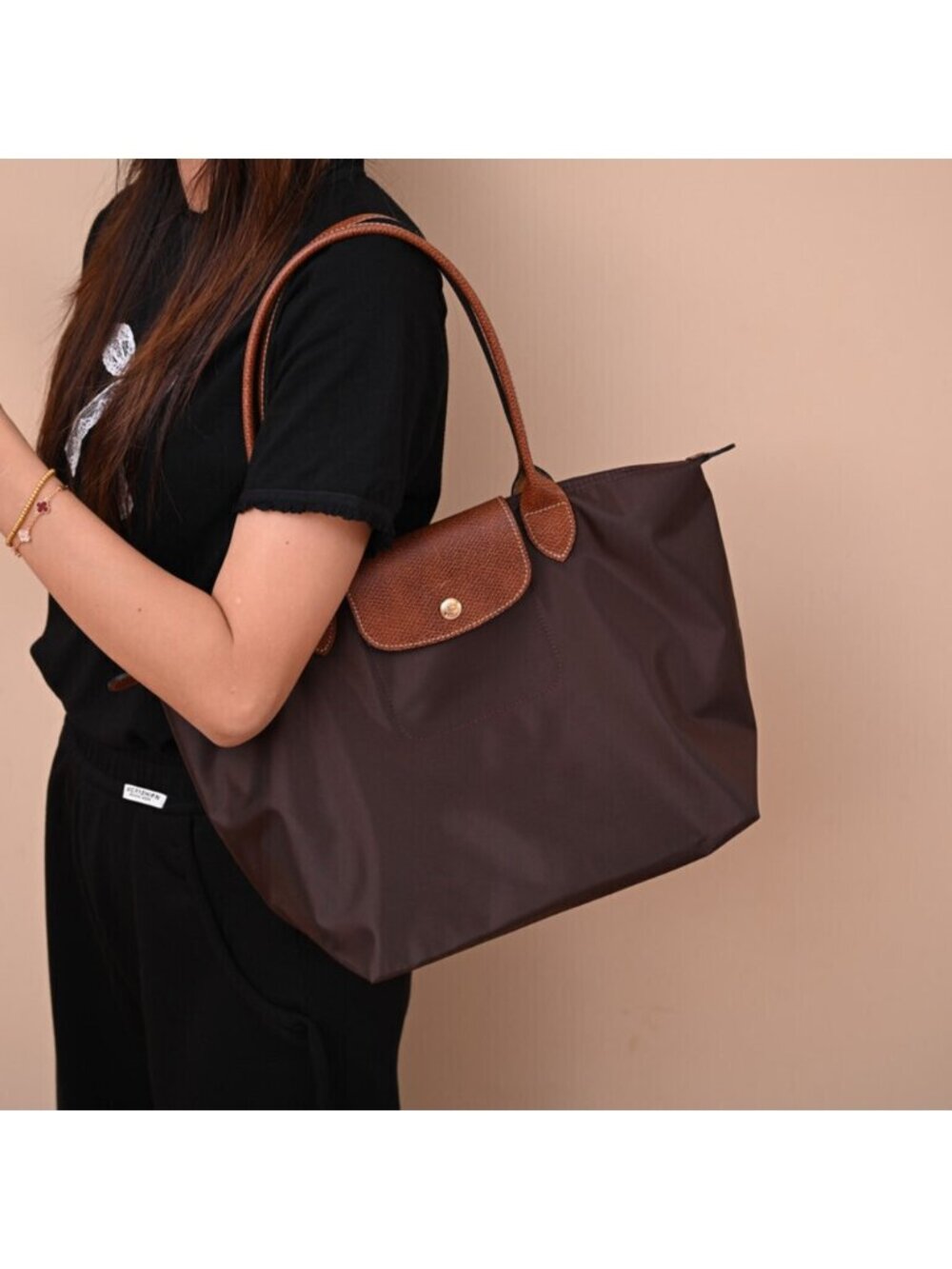 Longchamp Le Pliage Large Brown Nylon Long Handle Tote Bag - Picture 2 of 5